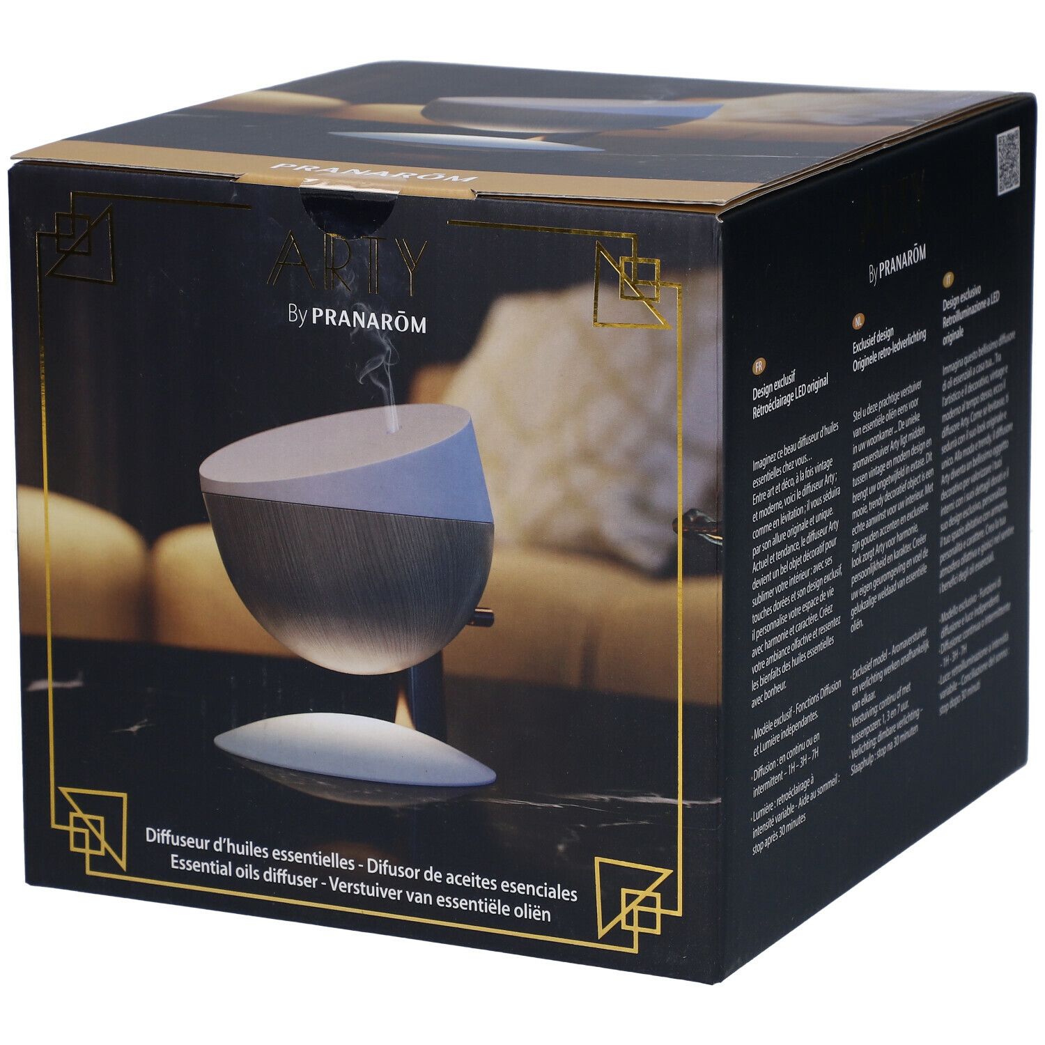 Zwarte doos met productafbeelding. Opschrift: "by Pranarôm". Onderaan: "Diffuser d'huiles essentielles".