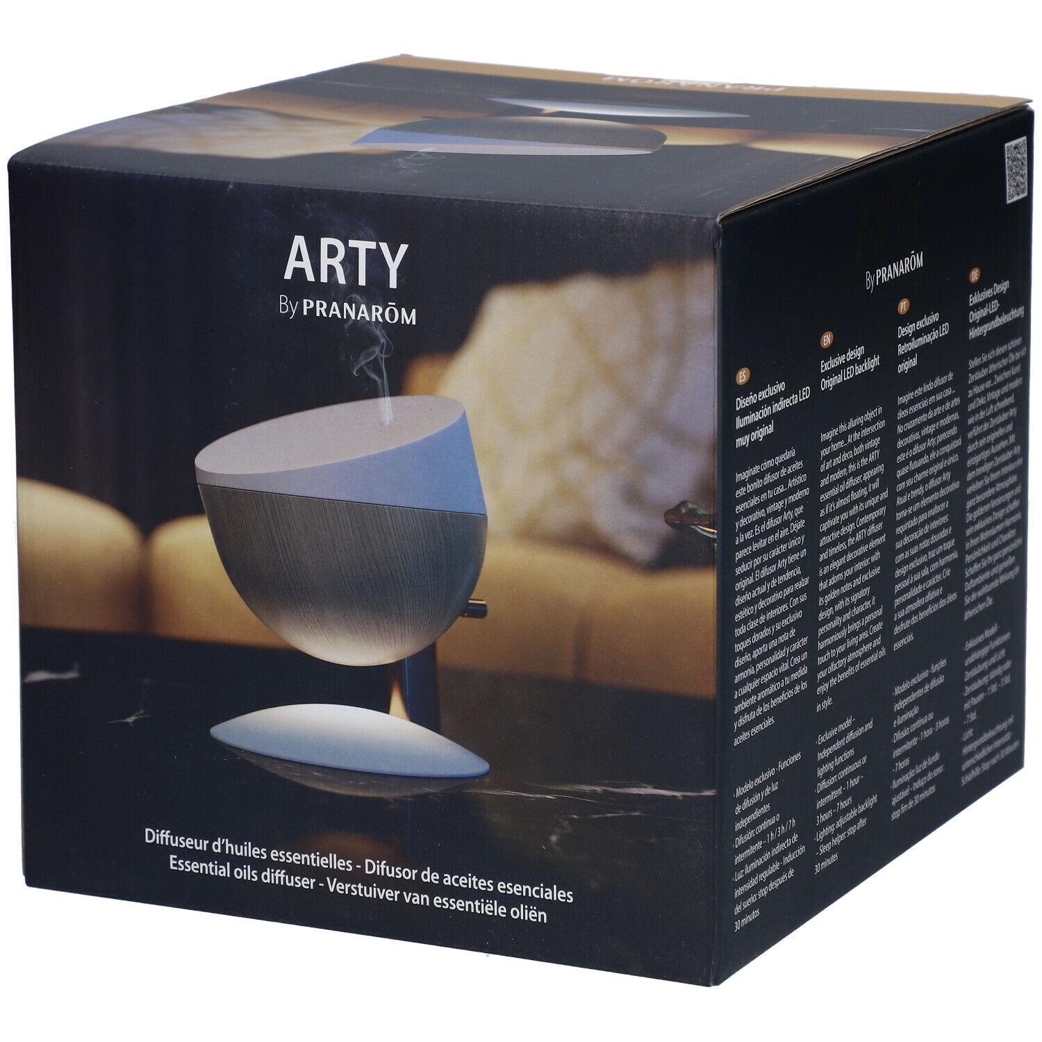 Zwarte doos met productafbeelding. Opschrift: "ARTY by Pranarôm". Onderaan: "Diffuser d'huiles essentielles".