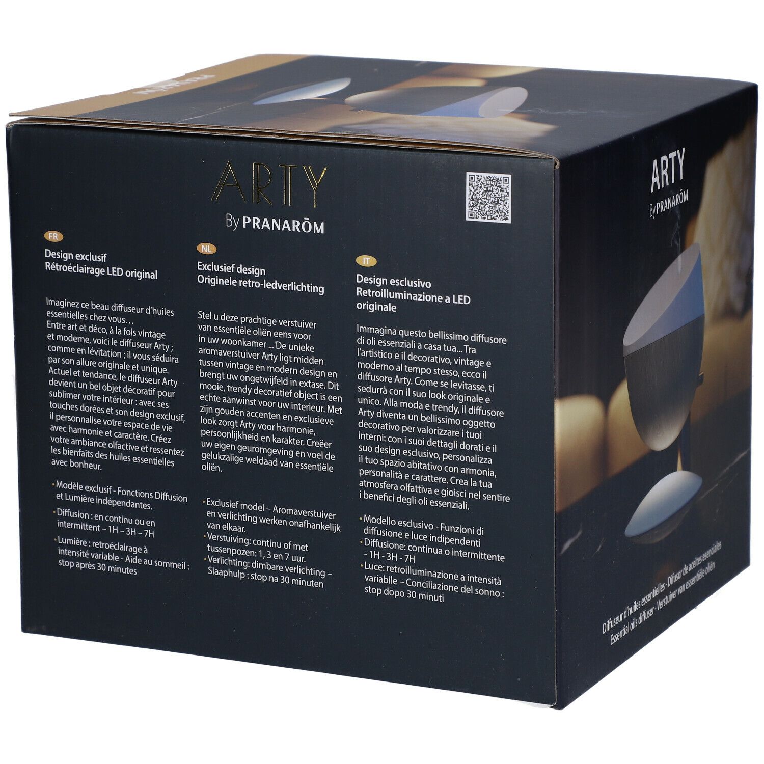 Zwarte doos met productafbeelding. Opschrift: "ARTY by Pranarôm". Meertalige tekst.