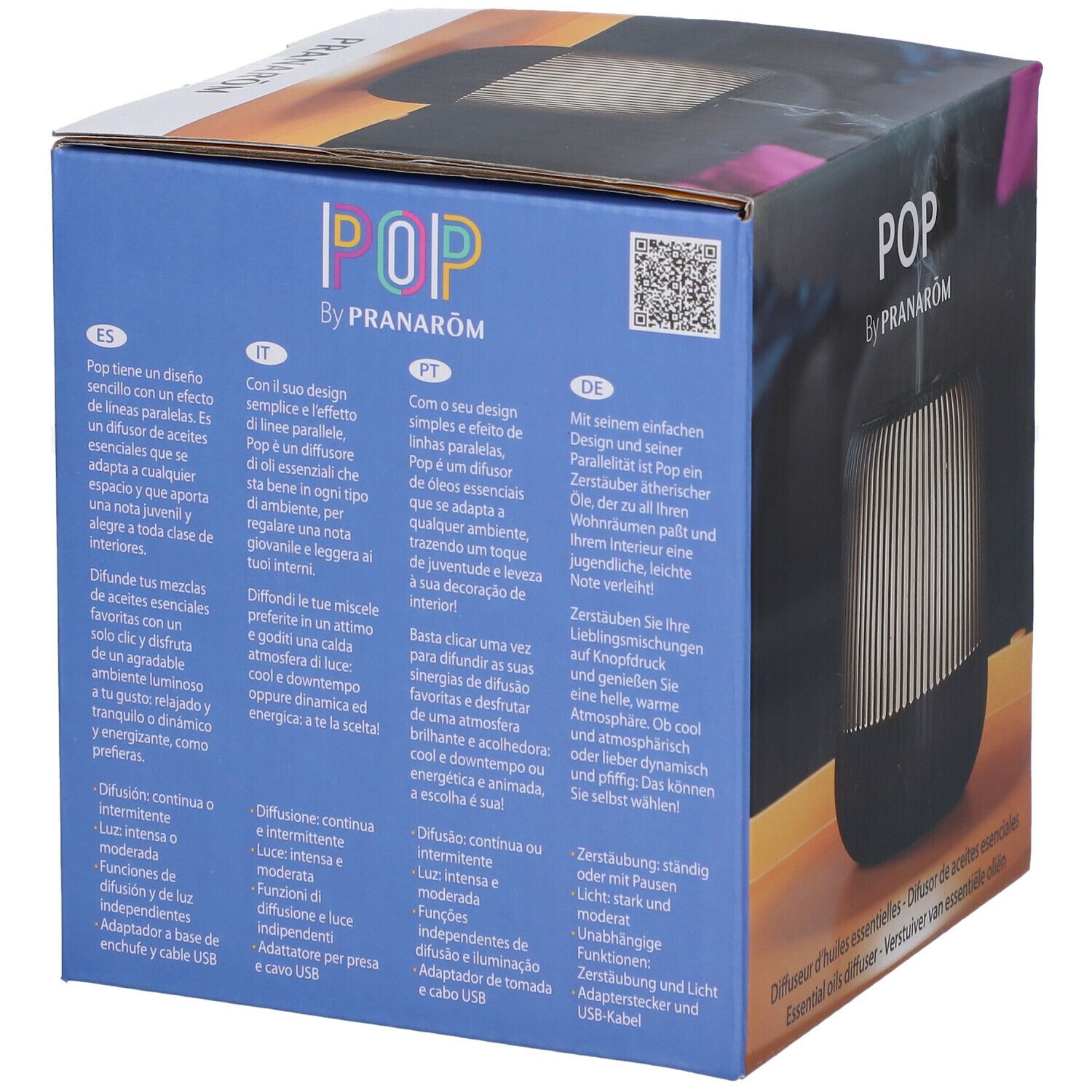 Dos de la boîte. Texte multilingue. Nom du produit: POP by Pranarôm. Code QR. Texte: Diffuseur d'huiles essentielles.