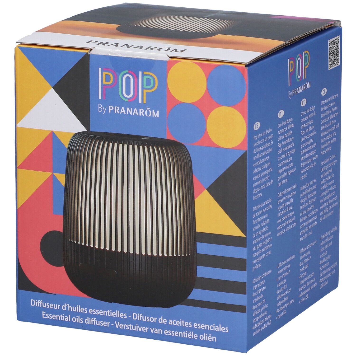 Diffuseur noir et doré, en boîte. Inscription: POP by Pranarôm. Texte: Diffuseur d'huiles essentielles. Vue de face.
