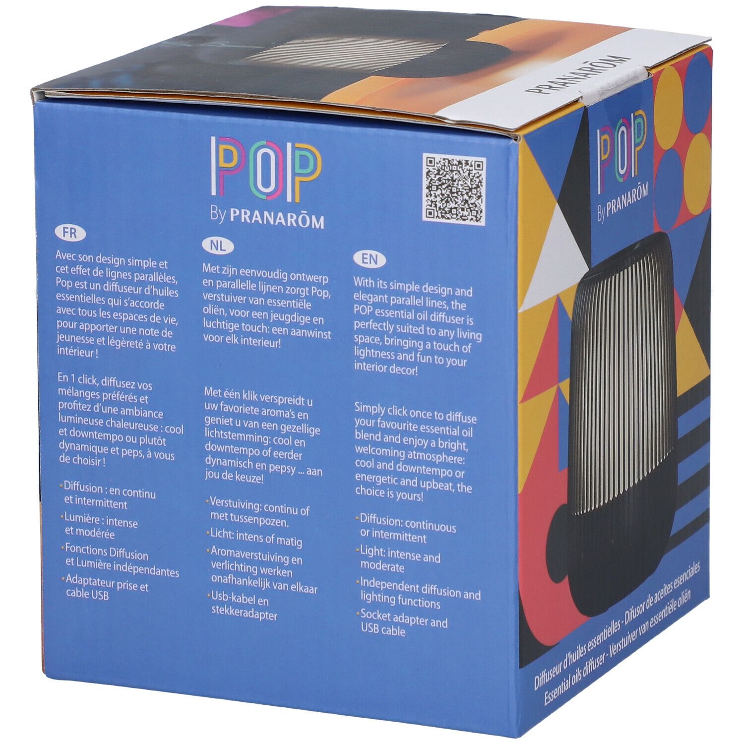 Dos de la boîte. Texte multilingue. Nom du produit: POP by Pranarôm. Texte: Diffuseur d'huiles essentielles.