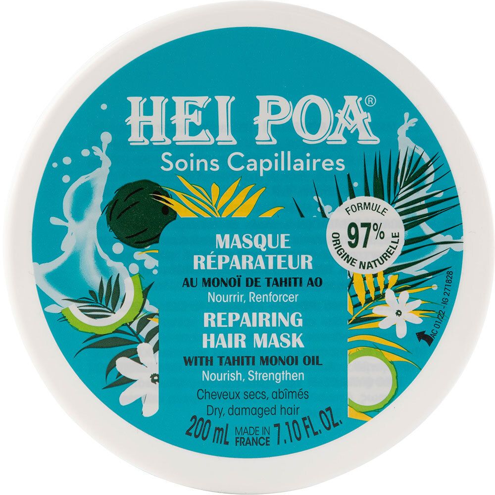 Runder Tiegel mit weißem Deckel. Aufschrift: HEI POA, Masque Réparateur, 97% naturelle, 200 ml.