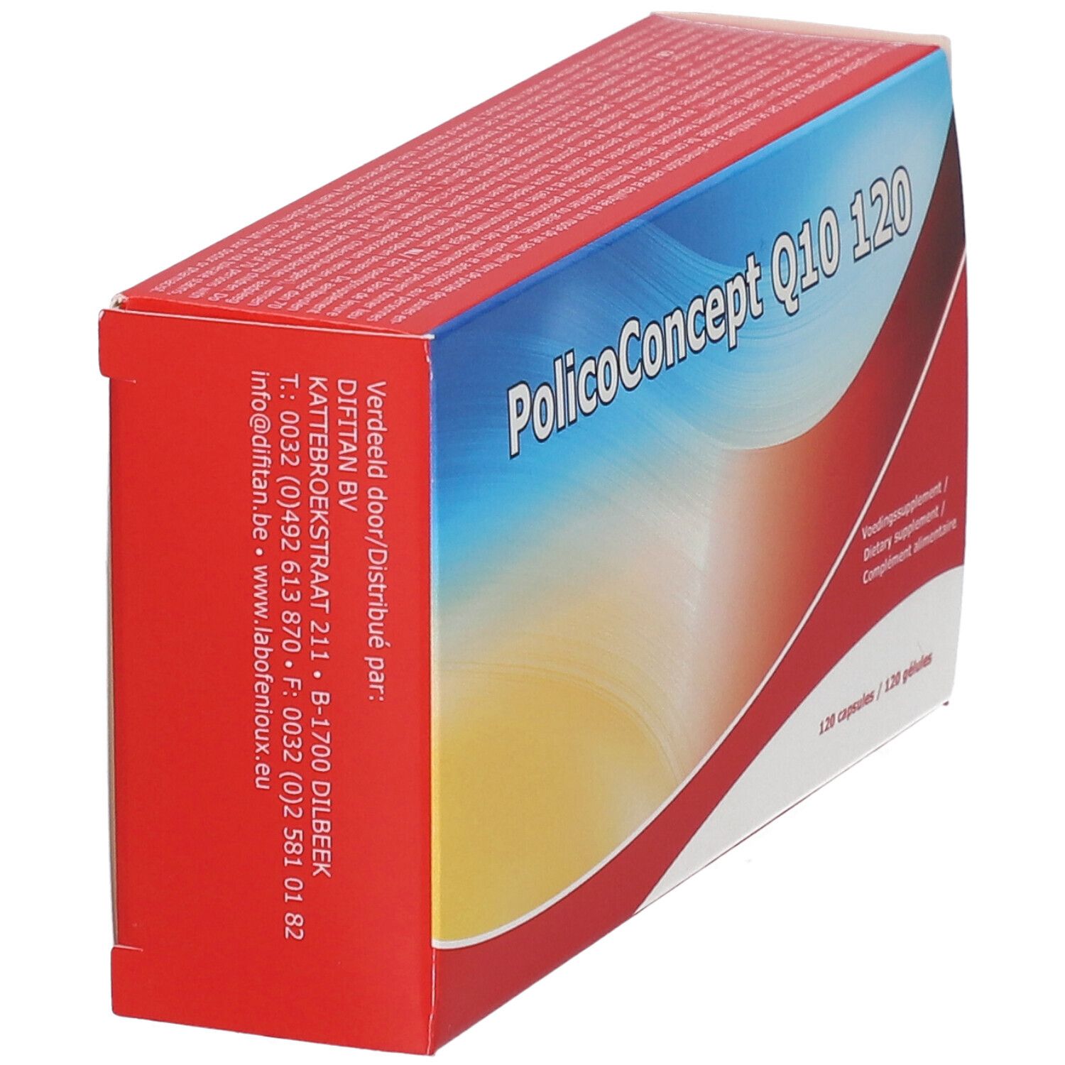 Rode doos met "Policoconcept Q10 120". Op de zijkant staat "Policoconcept Q10 120".