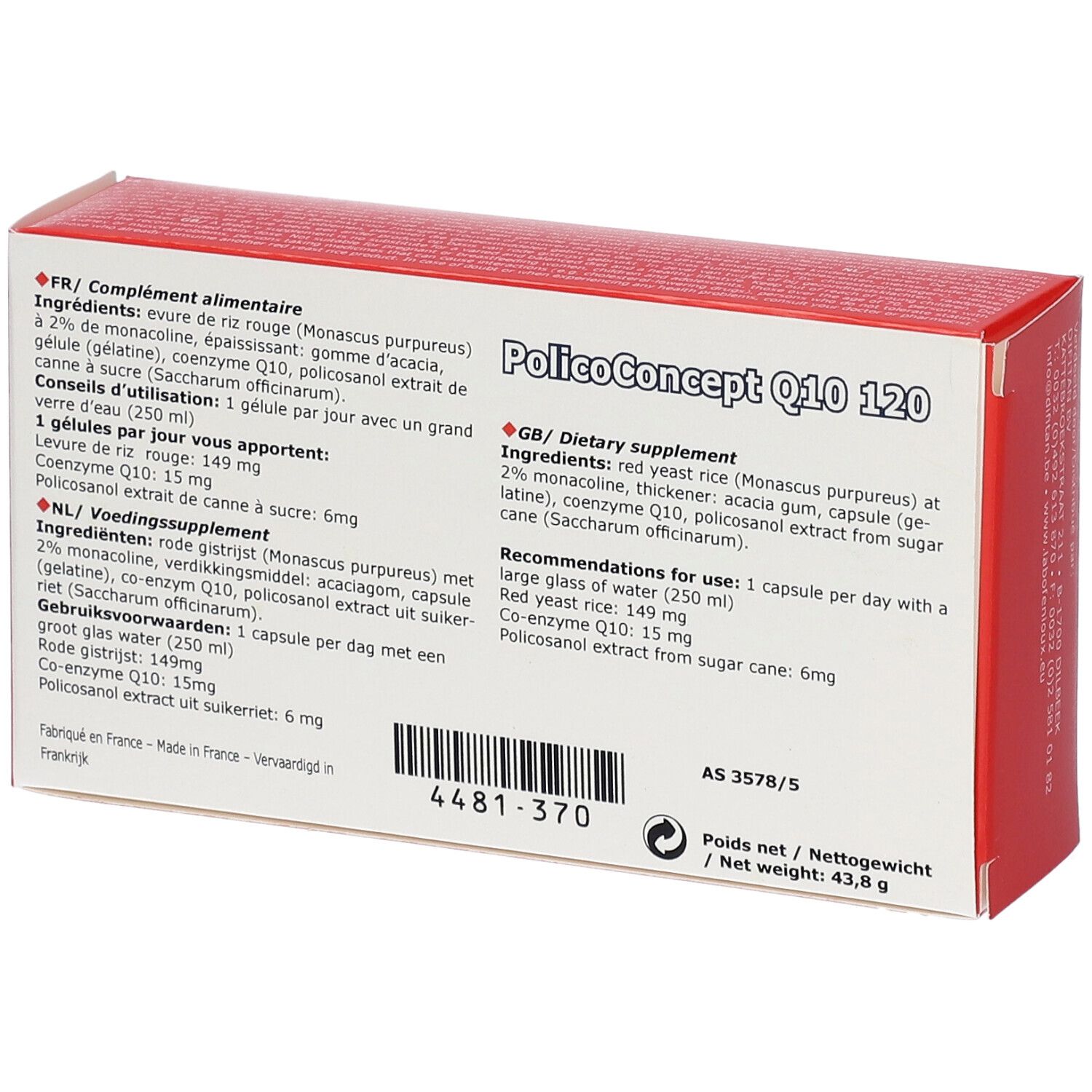 Achterkant van de rode doos met tekst. Bevat informatie over ingrediënten en gebruik. "Policoconcept Q10 120" zichtbaar.