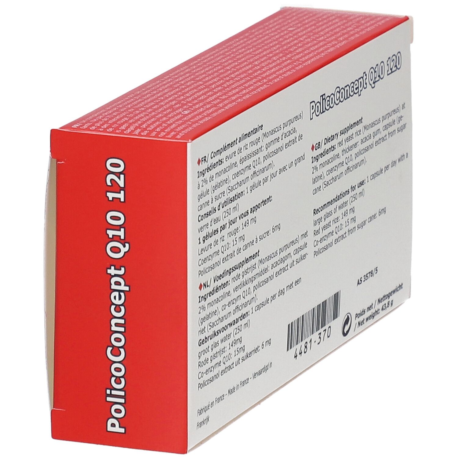 Rode doos met "Policoconcept Q10 120". Tekst op de zijkant. "Policoconcept Q10 120" is zichtbaar.