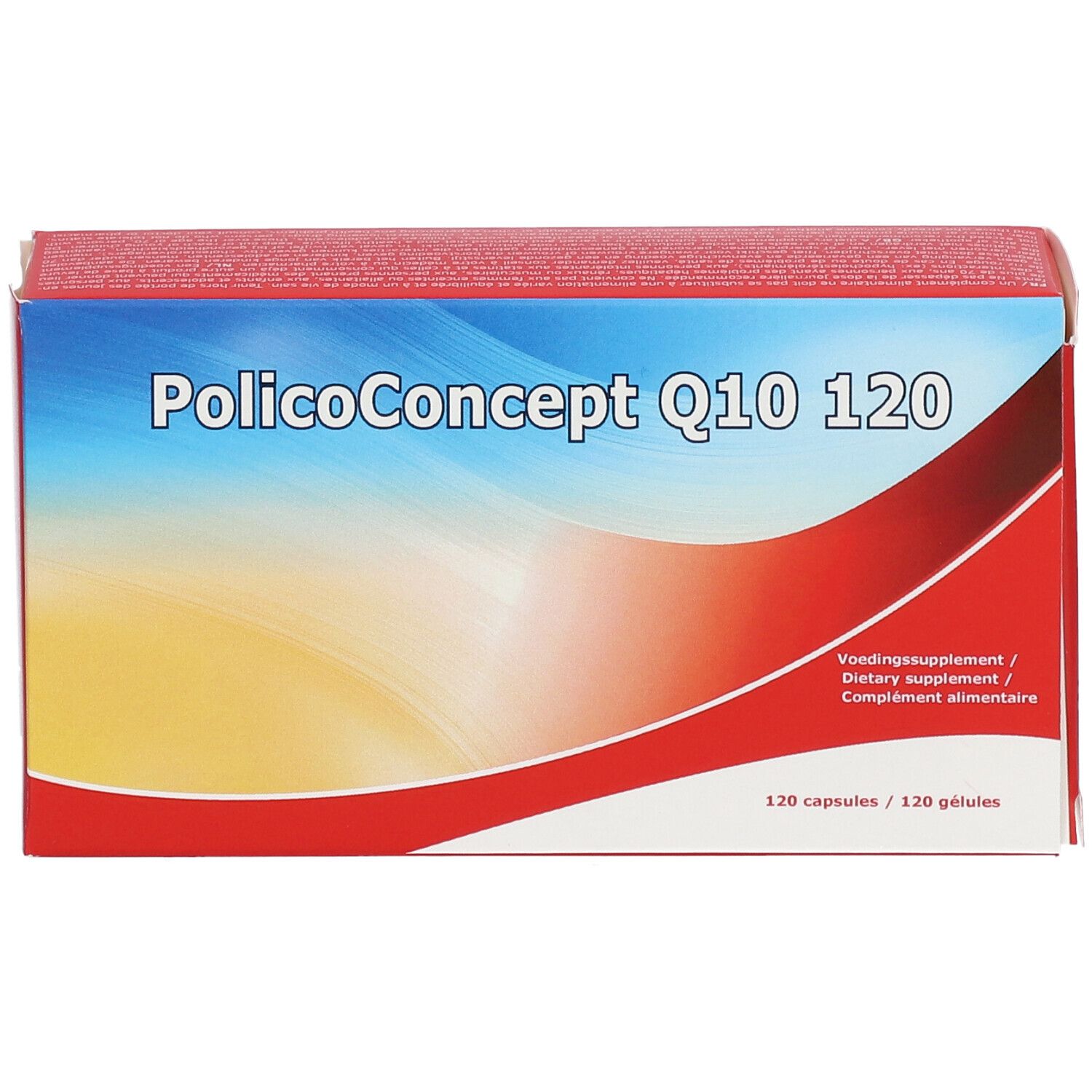 Rode doos met "Policoconcept Q10 120". Bevat 120 capsules. Blauwe, rode en gele verlopen.