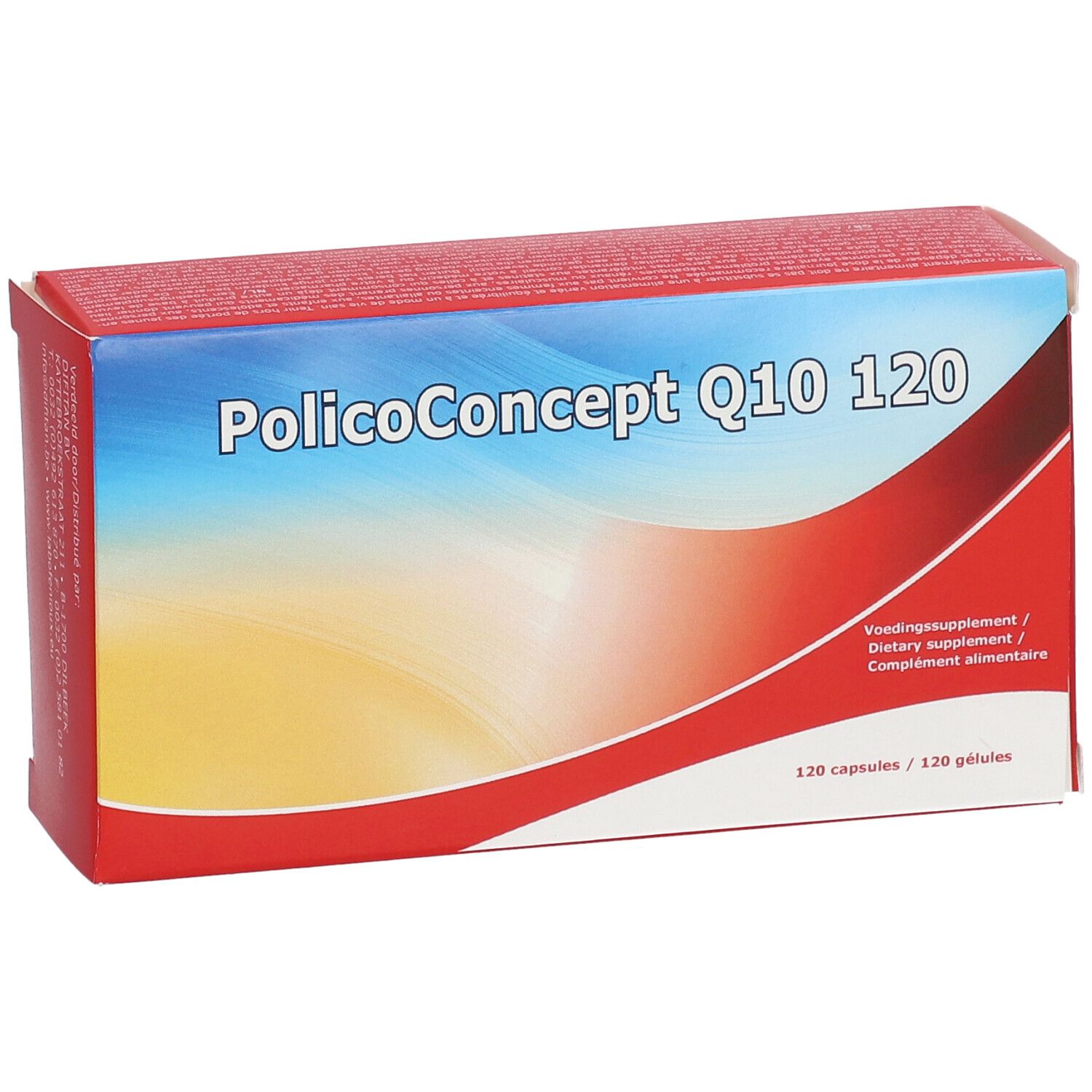 Rode doos met "Policoconcept Q10 120". Bevat 120 capsules. Blauwe, rode en gele verlopen.