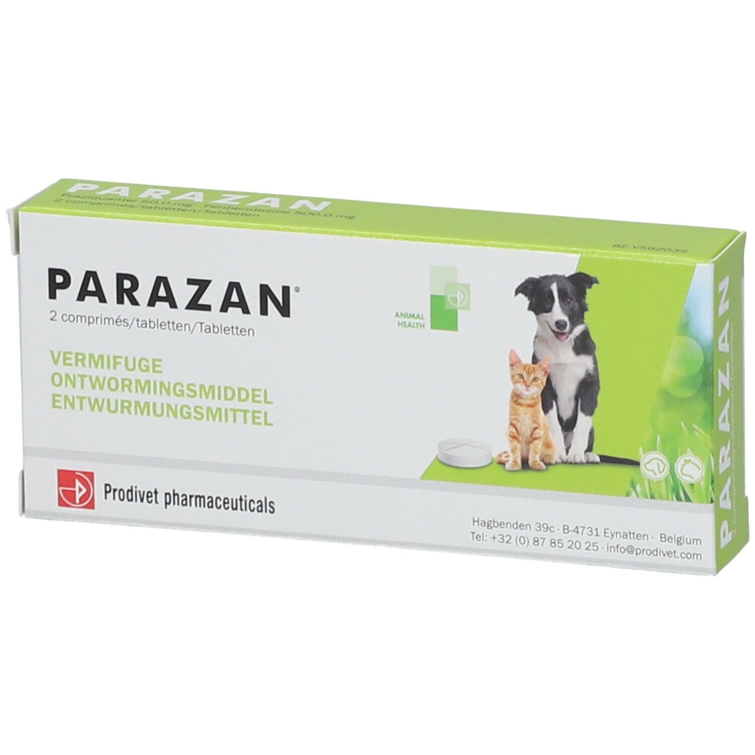 Verpakking met PARAZAN. Tekst in het Duits, Nederlands en Frans. Afbeelding van hond en kat. Prodivet logo.
