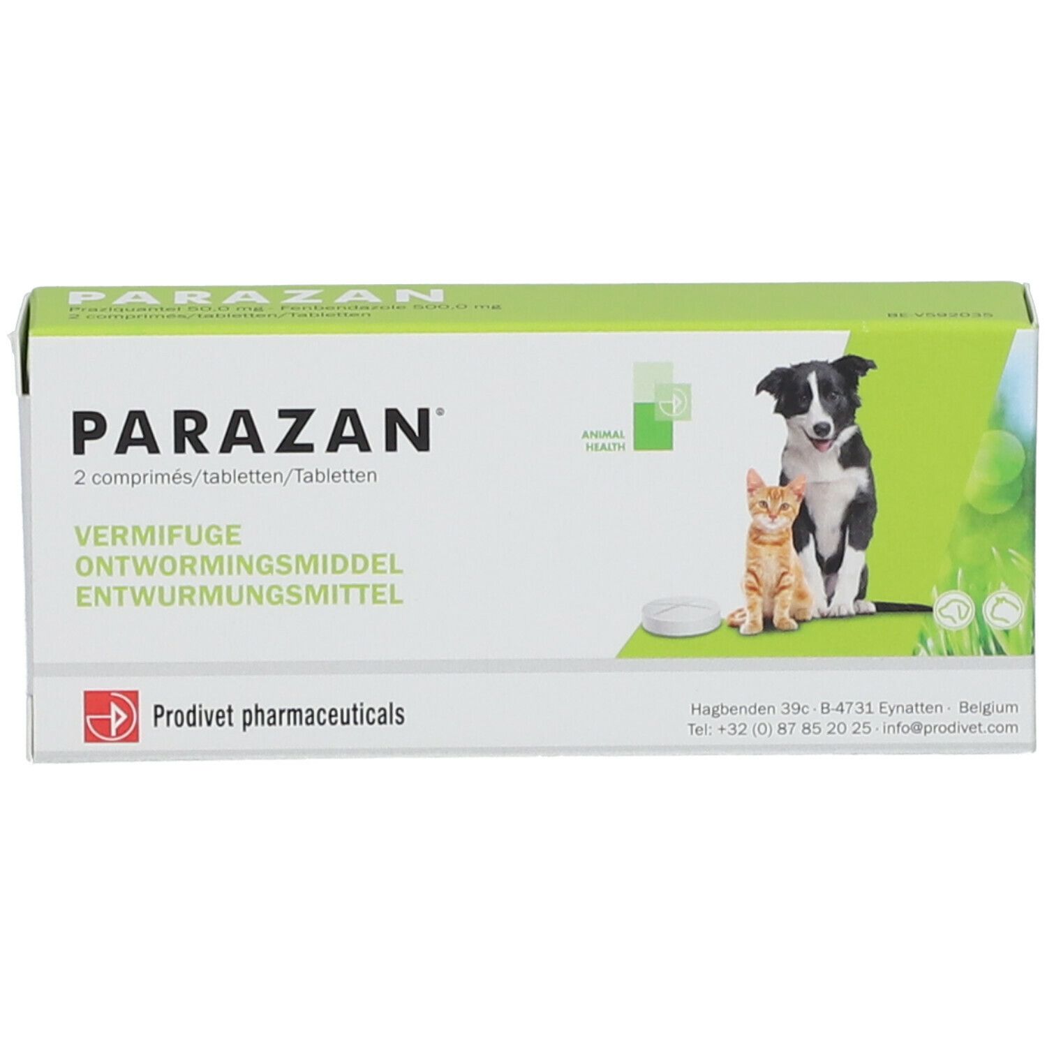 Verpakking met PARAZAN. Tekst in het Duits, Nederlands en Frans. Afbeelding van hond en kat. Prodivet logo.