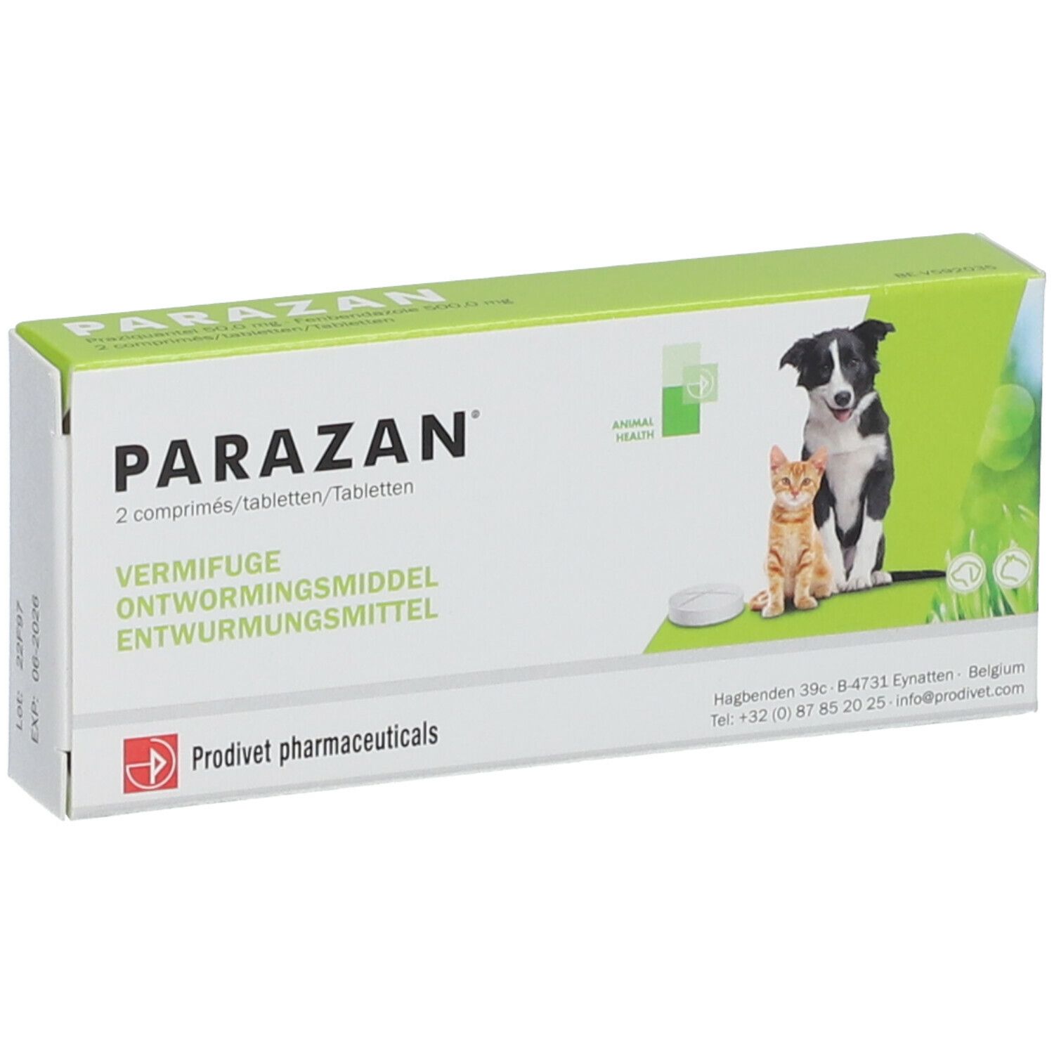 Verpakking met PARAZAN. Tekst in het Duits, Nederlands en Frans. Afbeelding van hond en kat. Prodivet logo.