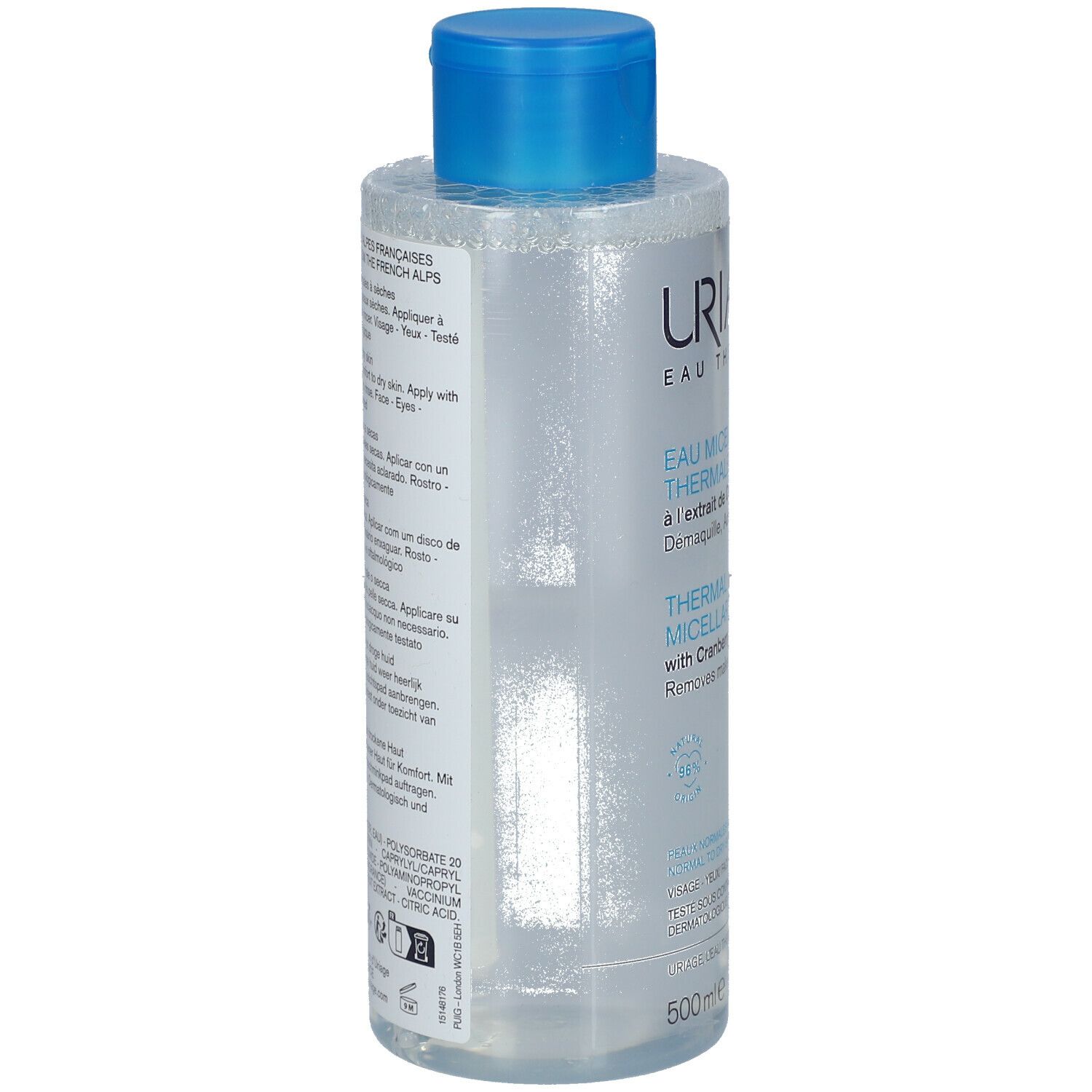 Flacon transparent, bouchon bleu. Texte au dos. Uriage Eau Thermale. Peaux normales à sèches. 500 ml.