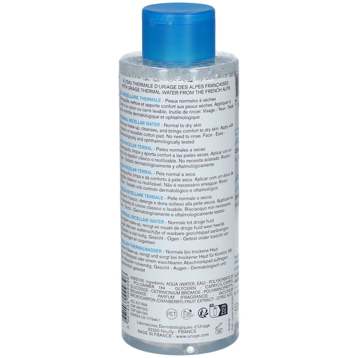 Flacon transparent, bouchon bleu. Texte au dos. Uriage Eau Thermale. Peaux normales à sèches. 500 ml.