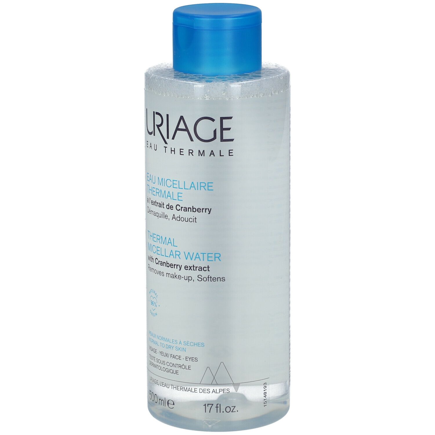 Flacon transparent, bouchon bleu. Inscription Uriage Eau Thermale. Extrait de cranberry. Peaux normales à sèches.