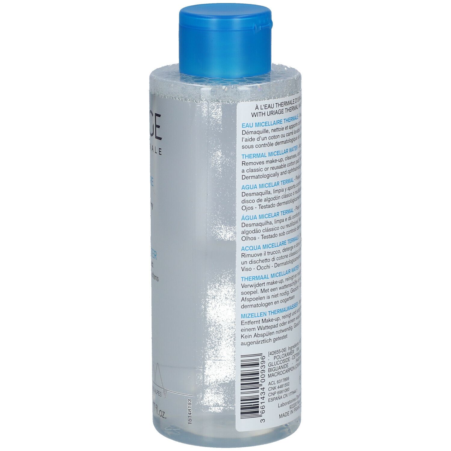 Flacon transparent, bouchon bleu. Texte au dos. Uriage Eau Thermale. Peaux normales à sèches. 500 ml.