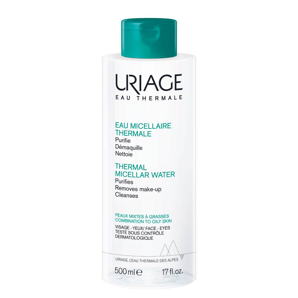 Flacon Uriage Eau Micellaire Thermale. Étiquette blanche, texte vert. Bouchon vert. 500ml.