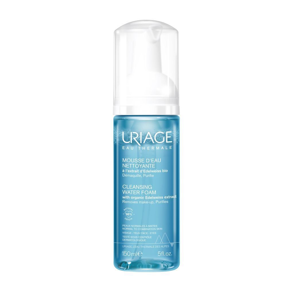 Flacon bleu transparent avec bouchon blanc. Inscription: Uriage Eau Thermale, Mousse d'Eau Nettoyante.
