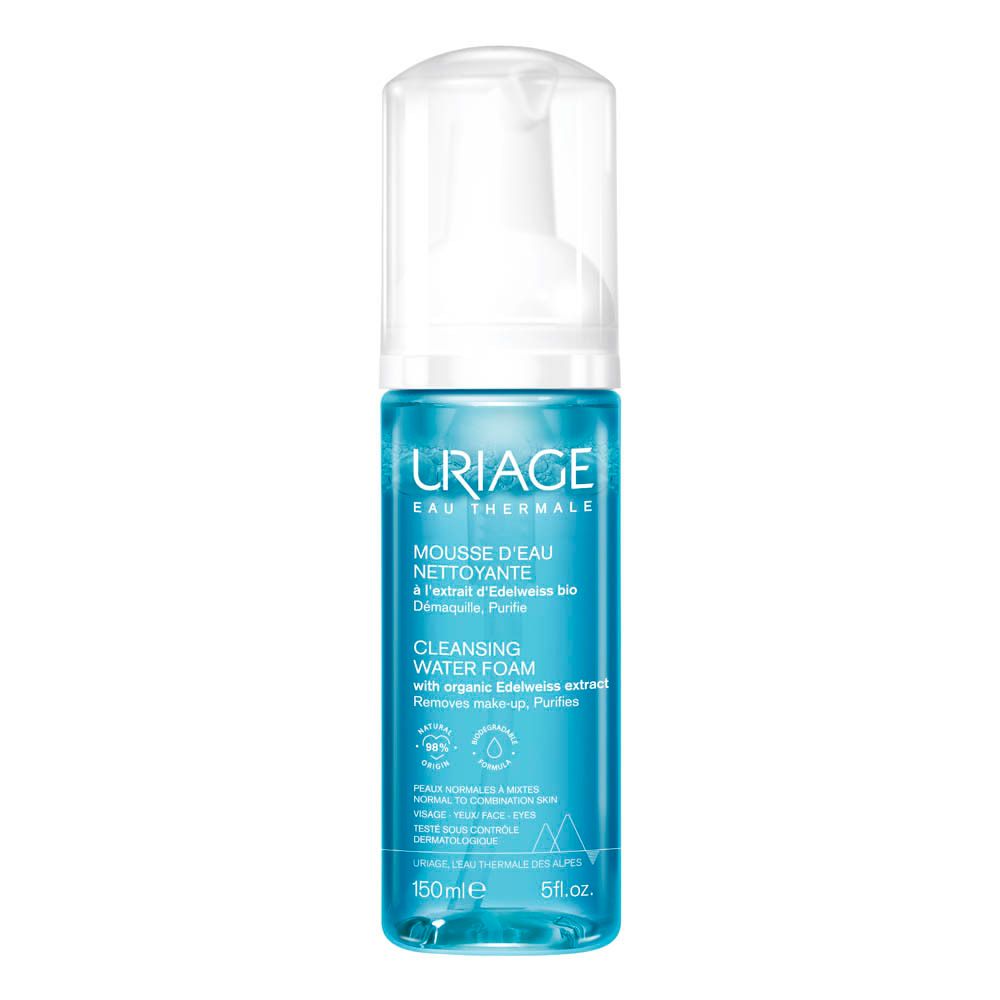 Flacon bleu transparent avec bouchon blanc. Inscription: Uriage Eau Thermale, Mousse d'Eau Nettoyante.