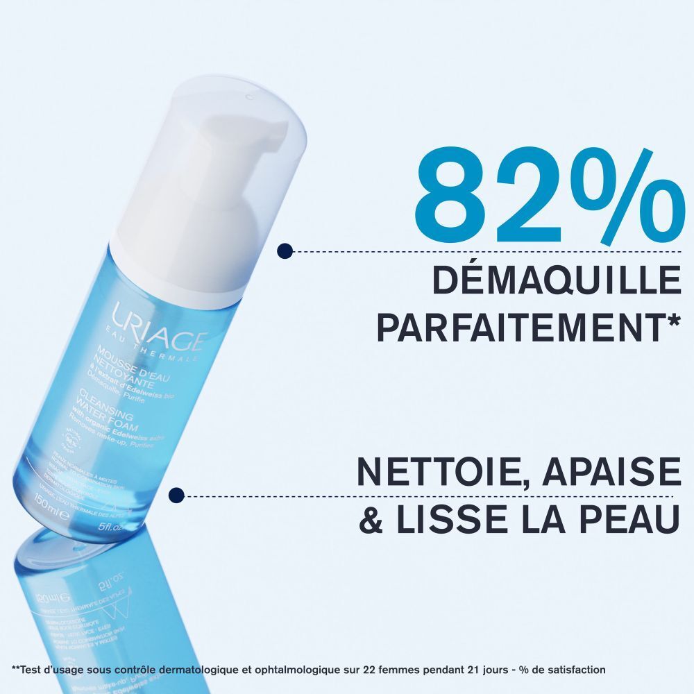 Dos du flacon avec texte. Liquide bleu, bouchon blanc. Texte en plusieurs langues.