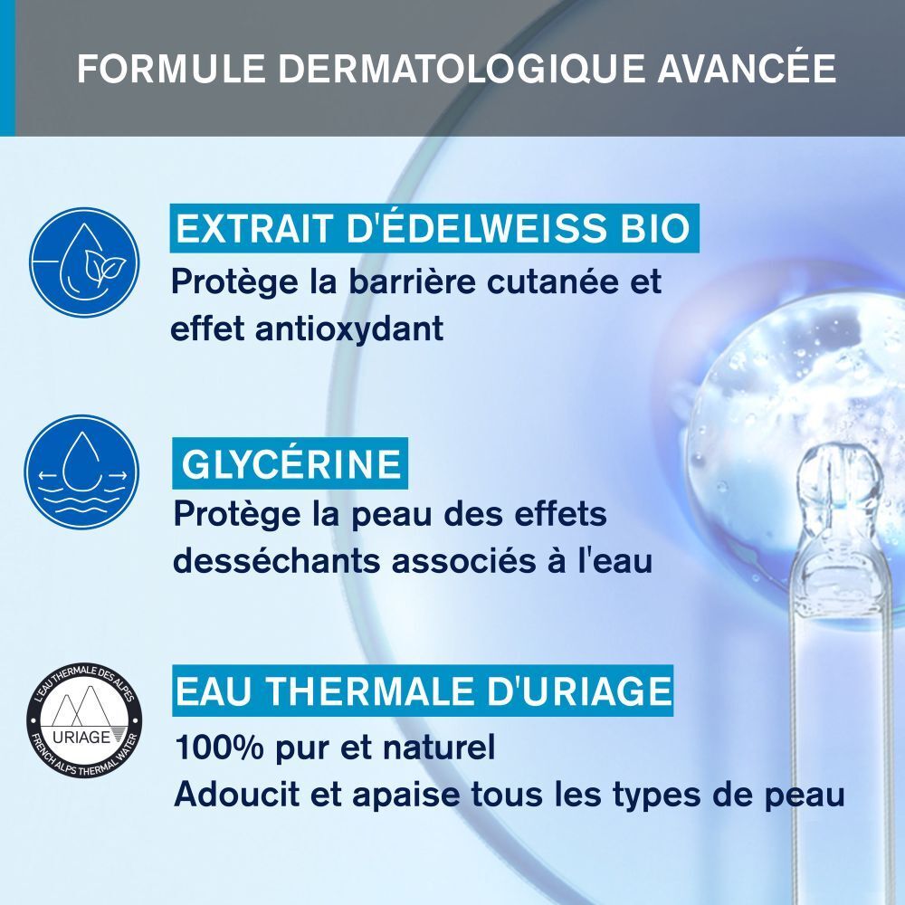 Flacon bleu transparent avec bouchon blanc. Inscription: Uriage Eau Thermale, Mousse d'Eau Nettoyante.
