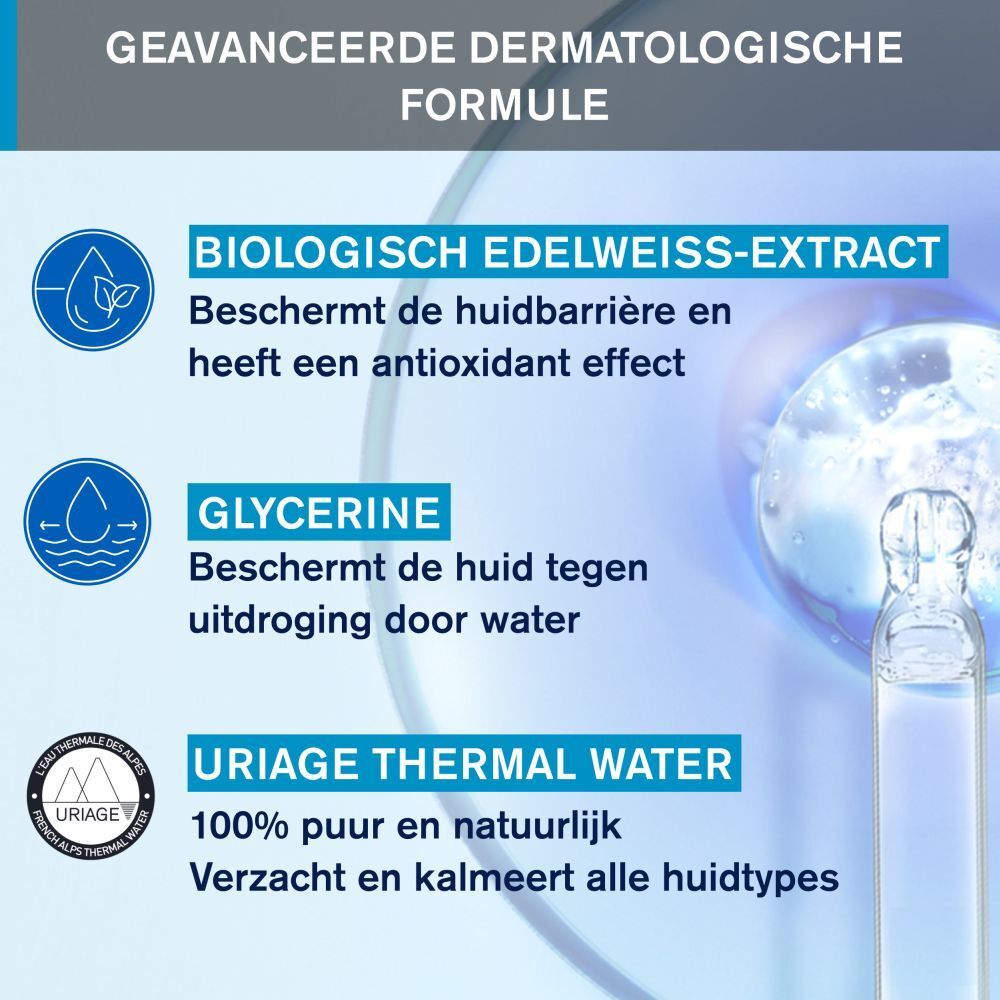 Productafbeelding met drie producten. Uriage-producten, fles, serum en crème. Blauwe achtergrond.