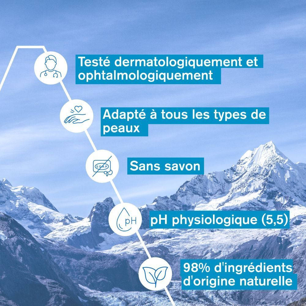 Flacon bleu transparent avec bouchon blanc. Inscription: Uriage Eau Thermale, Mousse d'Eau Nettoyante.