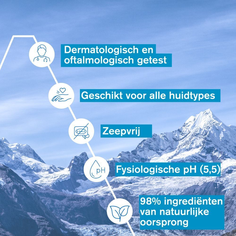 Productafbeelding met tekst. Dermatologische formule. Ingrediënten: Edelweiss, Glycerine, Thermaal water.