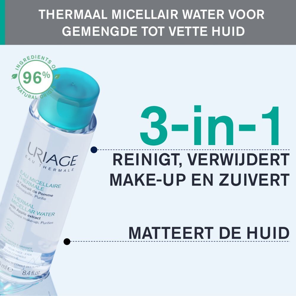 Uriage Thermal Micellair Water fles en tekst: 3-in-1: Reinigt, verwijdert make-up en zuivert. Matteert de huid.