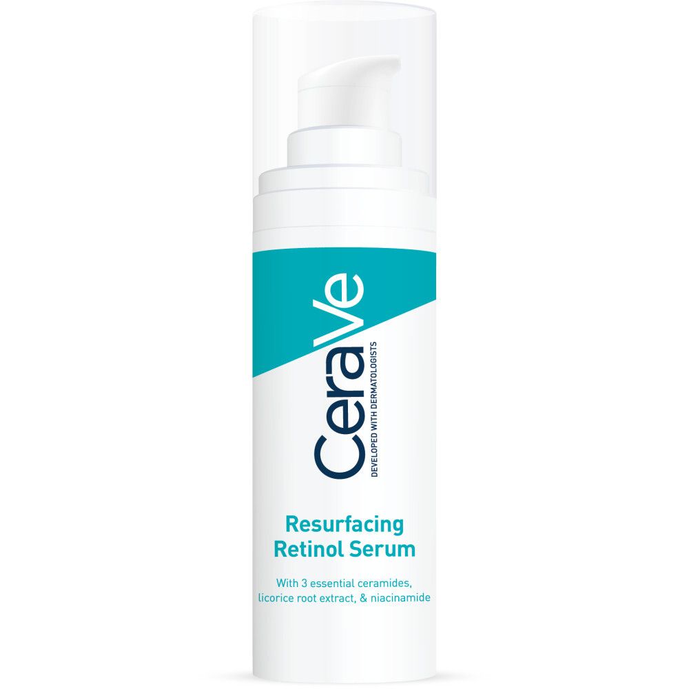 CeraVe Retinol Serum. Witte fles met pomp. Turquoise en wit etiket met productnaam en merk.