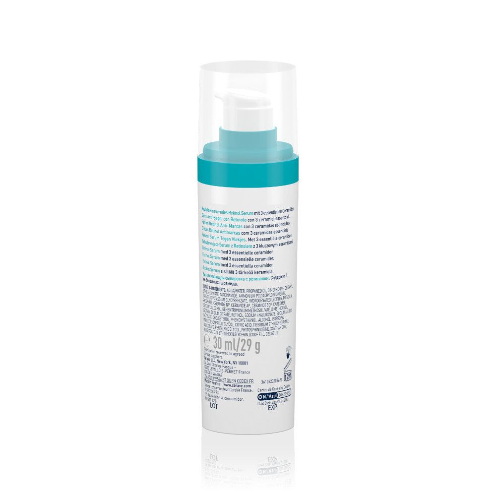 Achterkant van de CeraVe Retinol Serum fles. Tekst en ingrediënten.