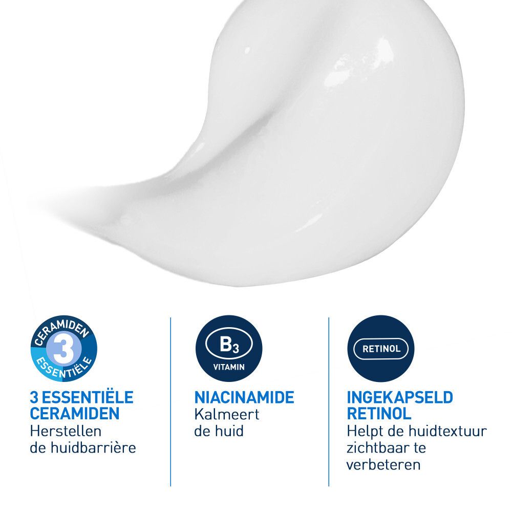 Close-up serum. Tekst: 3 essentiële ceramiden, niacinamide, ingekapseld retinol.