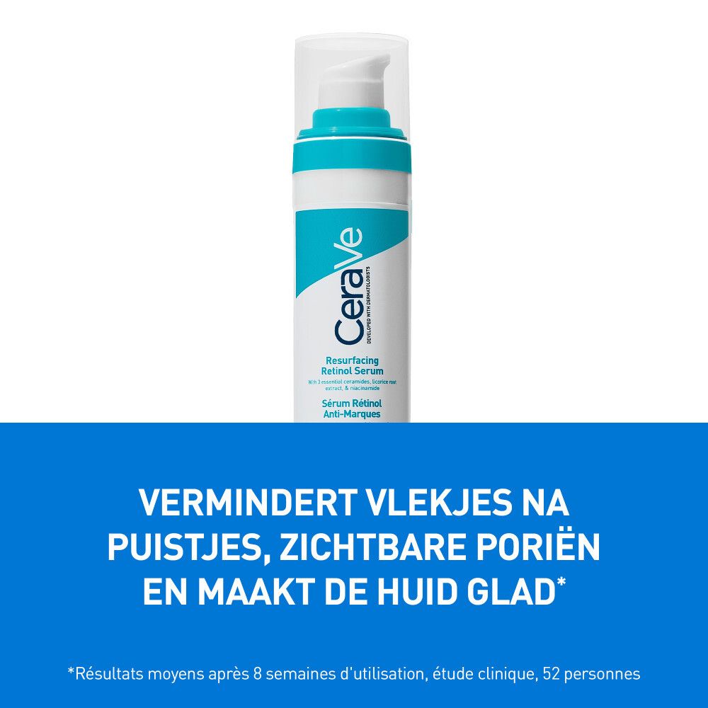 Serum op huid. Tekst: Helpt de zichtbaarheid van restlittekens te verminderen.