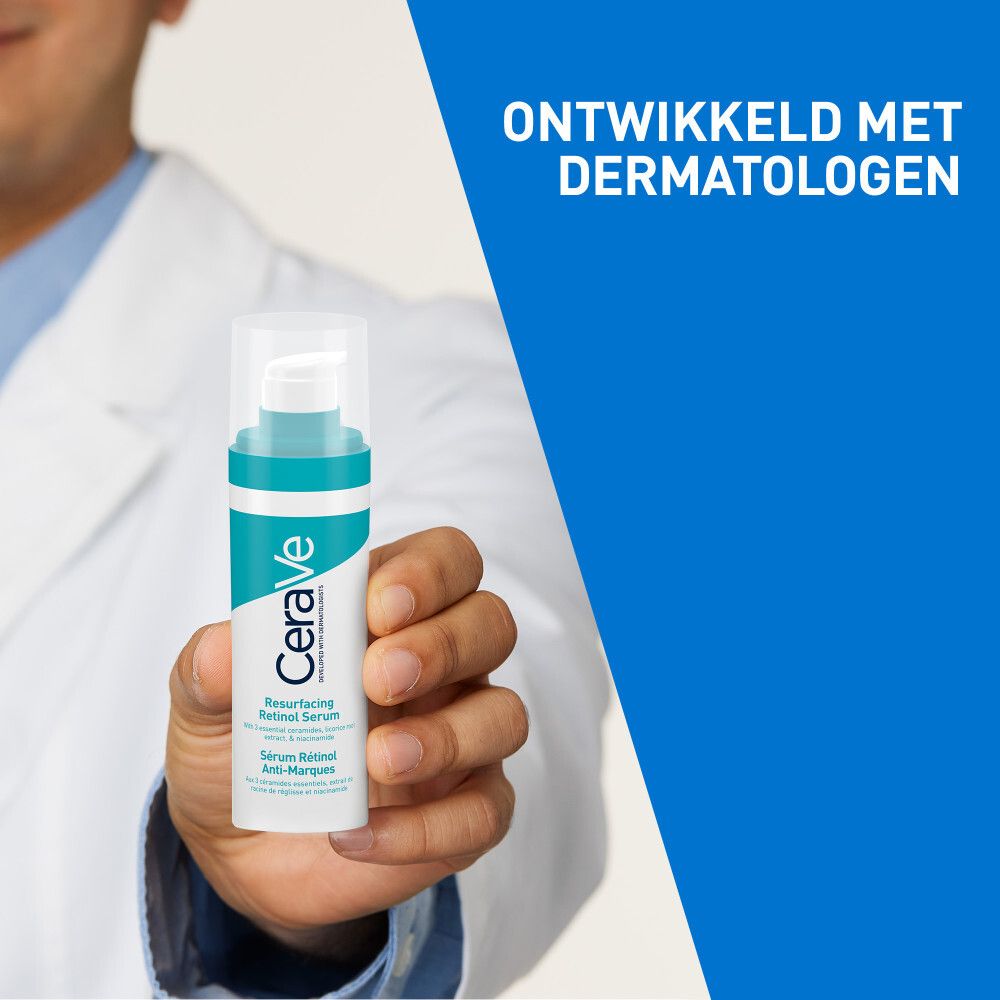 Voor- en na-afbeelding. Tekst: CeraVe Retinol Serum tegen vlekjes. Na 4 weken gebruik.