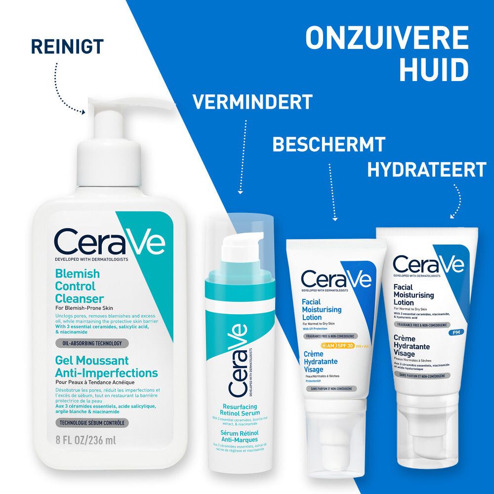 CeraVe huidverzorgingsproducten. Tekst: Reinigt, vermindert, beschermt, hydrateert.