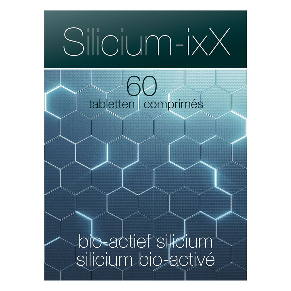 Face avant de l'emballage Silicium-ixX. 60 comprimés, motif hexagonal bleu. Texte blanc.