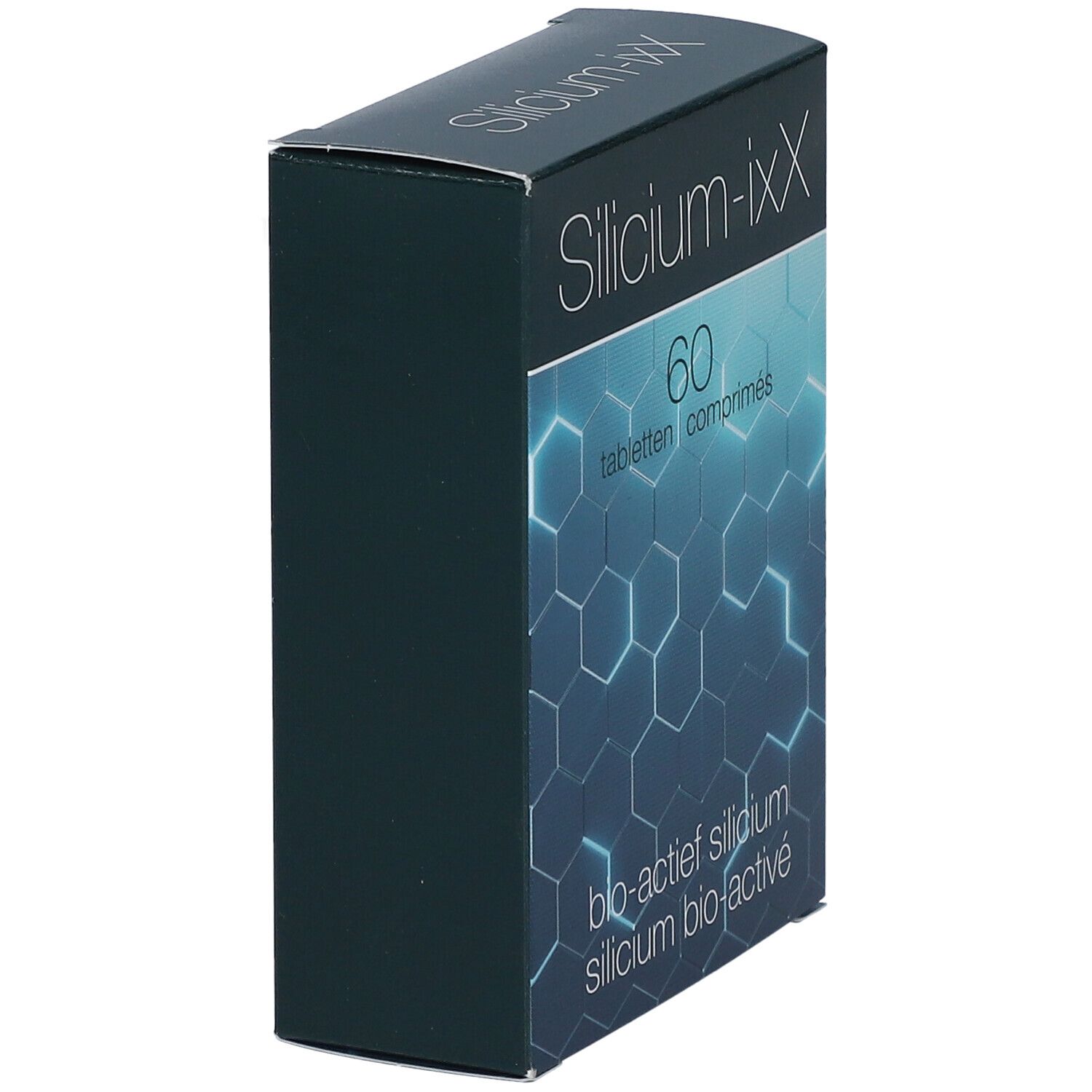 Boîte Silicium-ixX en biais. 60 comprimés, motif hexagonal bleu sur fond noir. Inscriptions blanches.