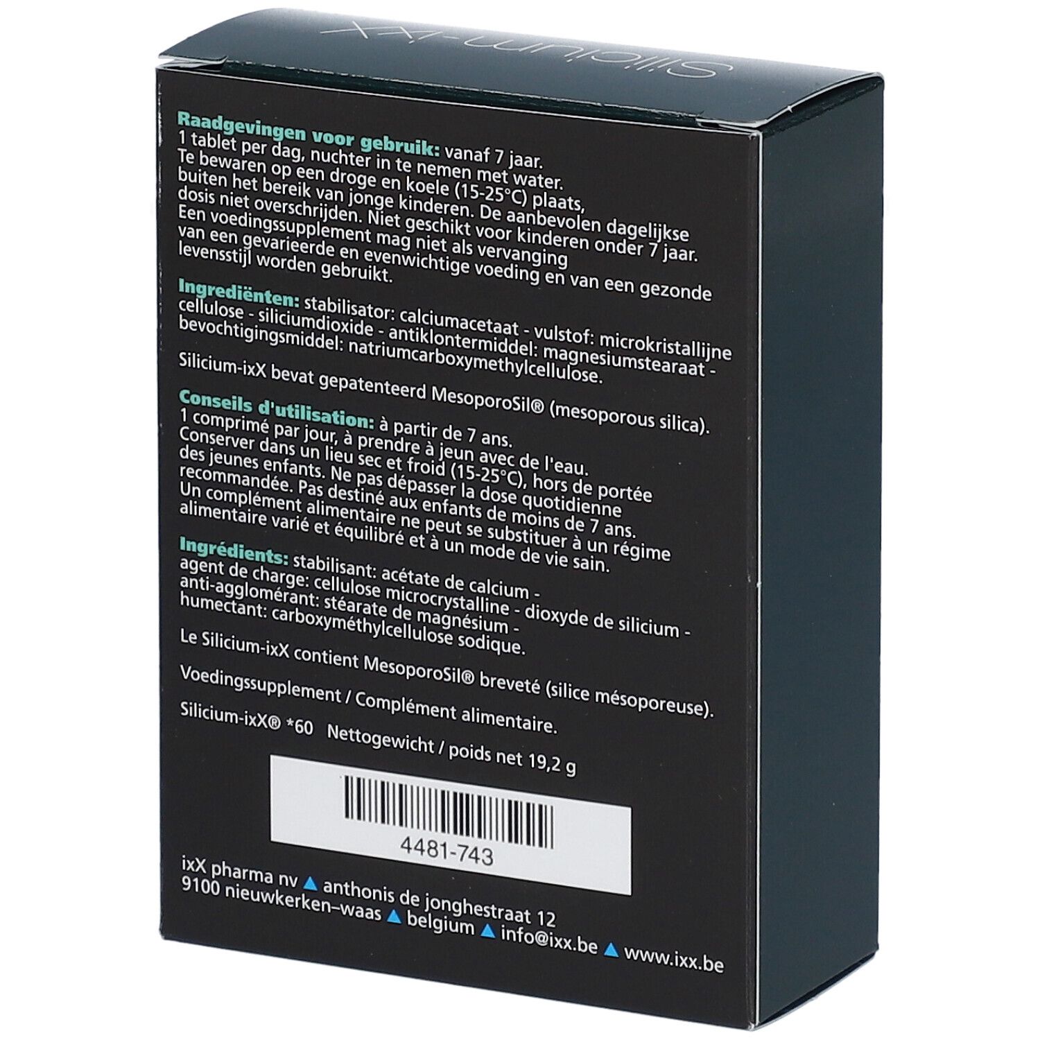 Dos de l'emballage Silicium-ixX. Texte multilingue. Informations sur les ingrédients et l'utilisation.