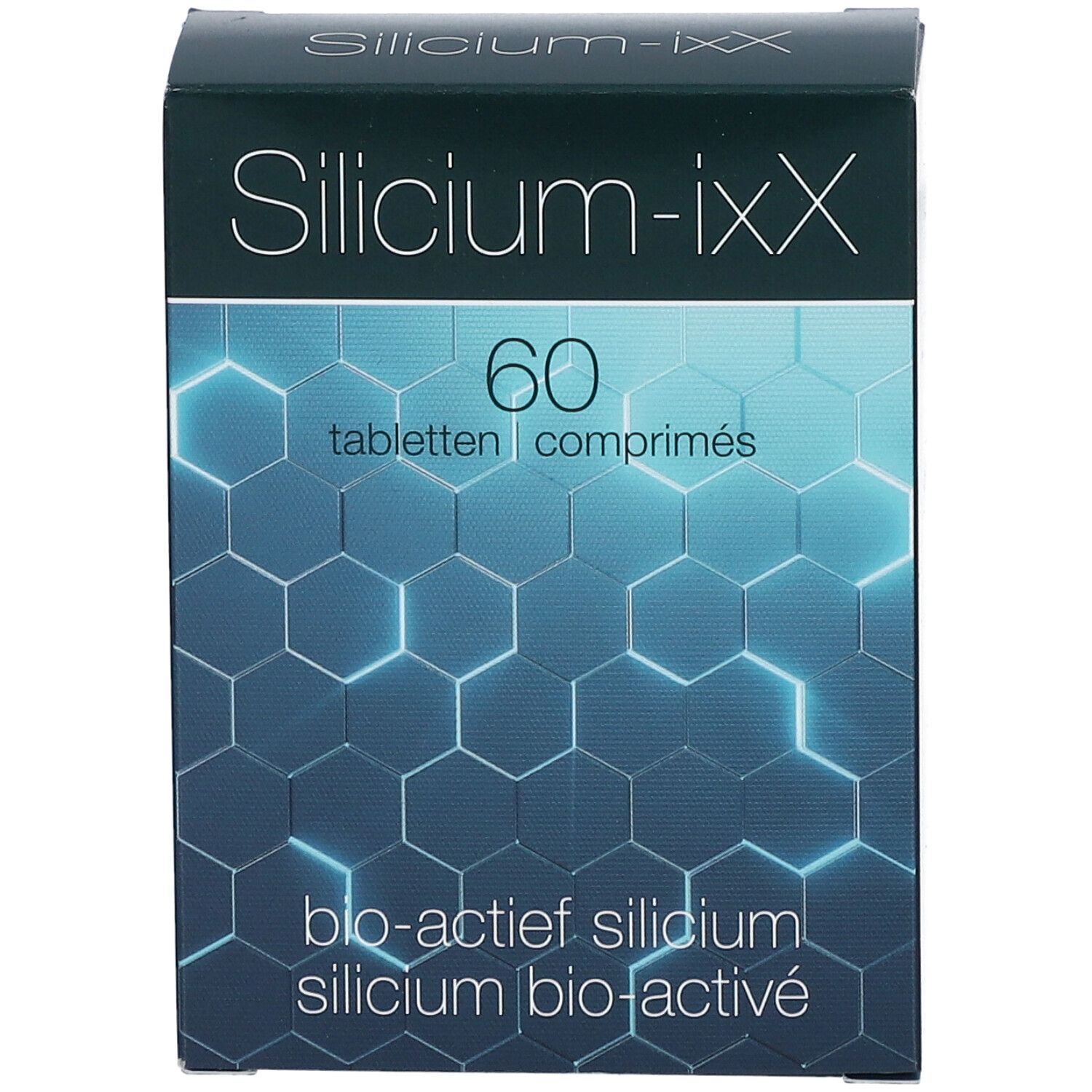 Face avant de l'emballage Silicium-ixX. 60 comprimés, motif hexagonal bleu. Texte blanc.