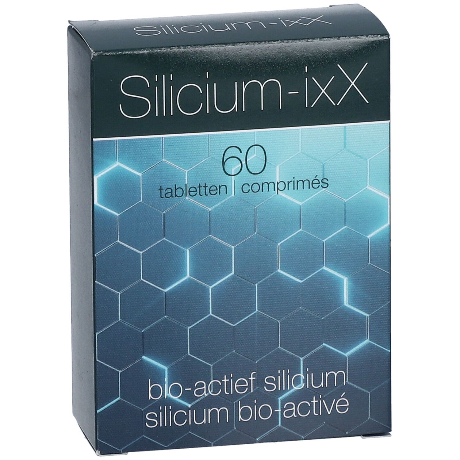 Boîte Silicium-ixX. 60 comprimés, motif hexagonal bleu. Texte blanc. Fond noir.