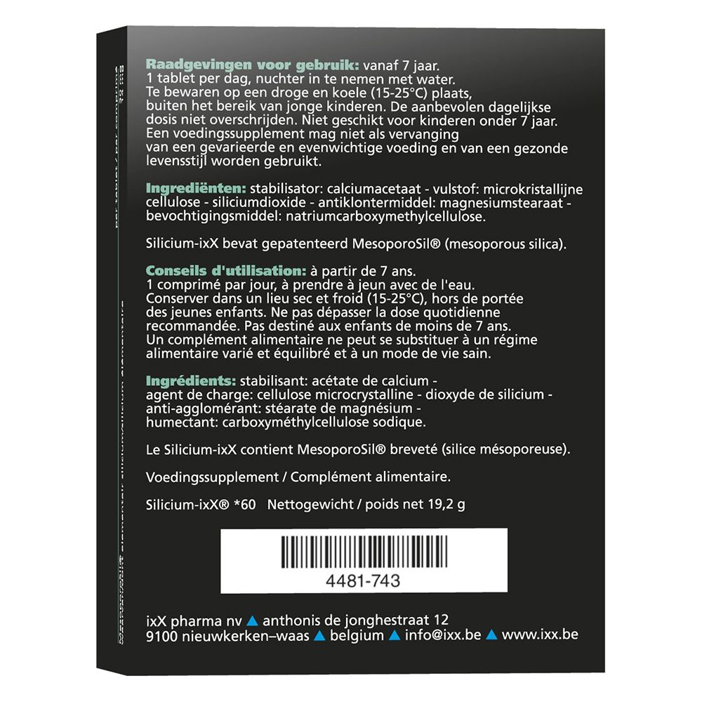 Dos de l'emballage Silicium-ixX. Texte multilingue. Informations sur les ingrédients et l'utilisation.