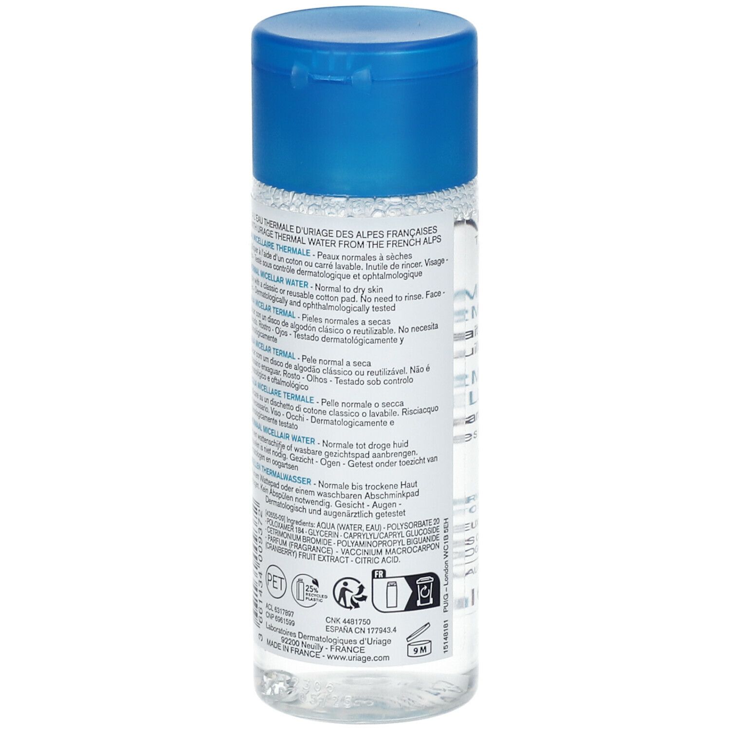 Flacon transparent avec bouchon bleu. Dos avec texte multilingue. Produit: URIAGE Eau Micellaire Thermale.