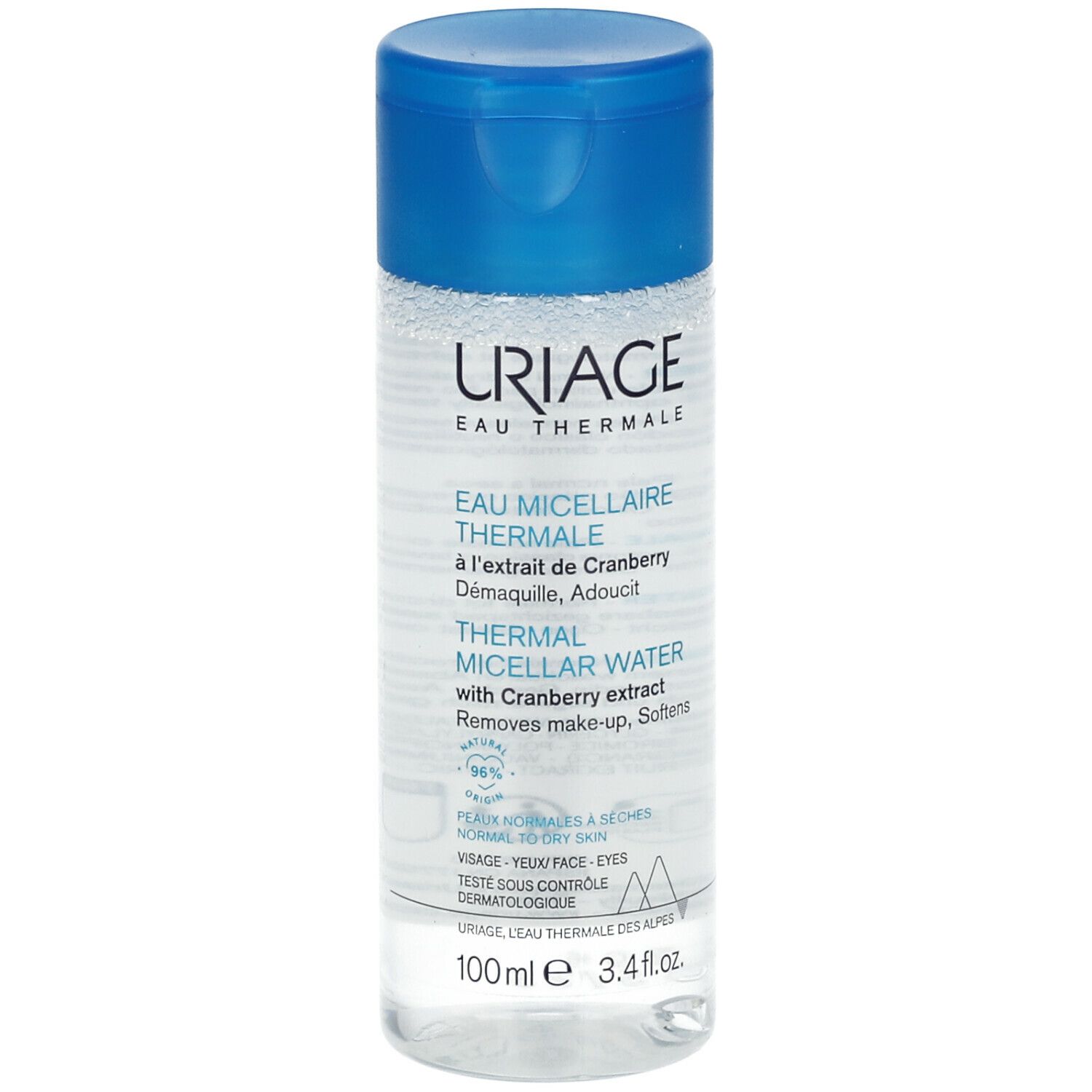 Flacon transparent avec bouchon bleu. Inscription: URIAGE, Eau Micellaire Thermale. Contient un liquide clair.
