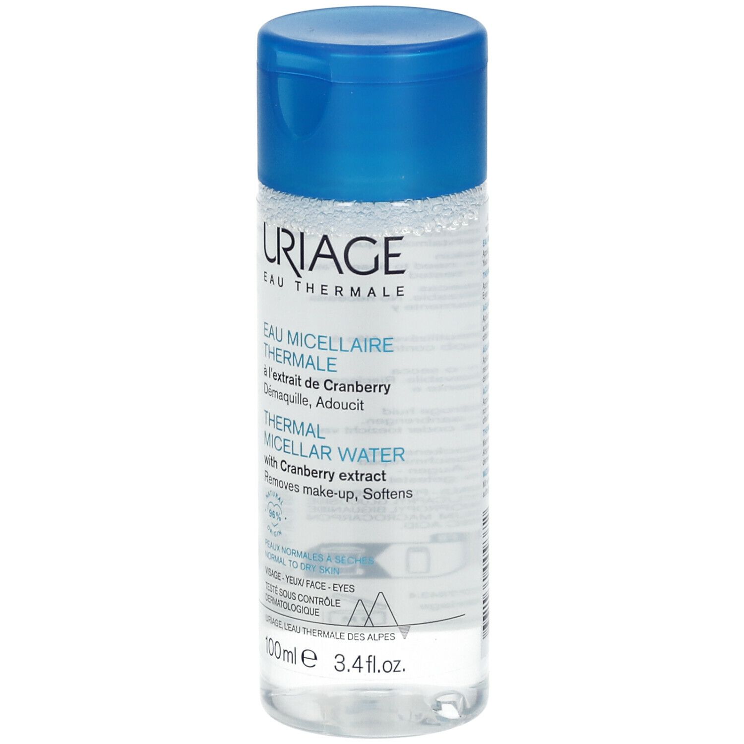 Flacon transparent avec bouchon bleu. Inscription: URIAGE, Eau Micellaire Thermale. Contient un liquide clair.