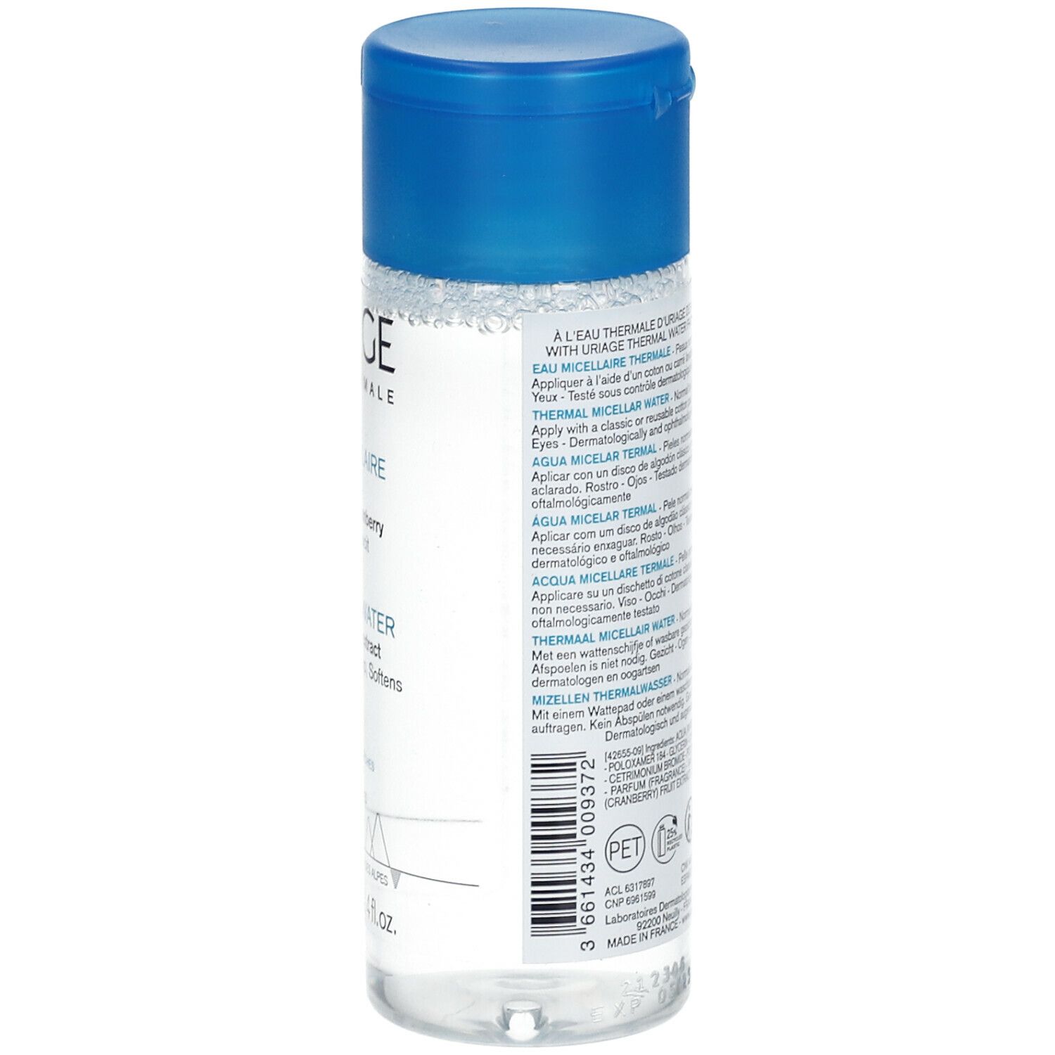 Flacon transparent avec bouchon bleu. Dos avec texte et code-barres. Produit: URIAGE Eau Micellaire Thermale.