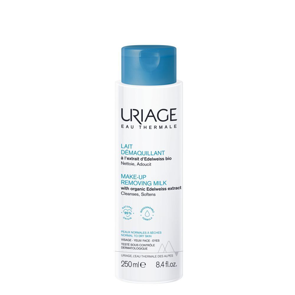 Flacon blanc à bouchon bleu. Inscriptions: URIAGE, Lait Demaquillant, Make-up Removing Milk. 250ml.