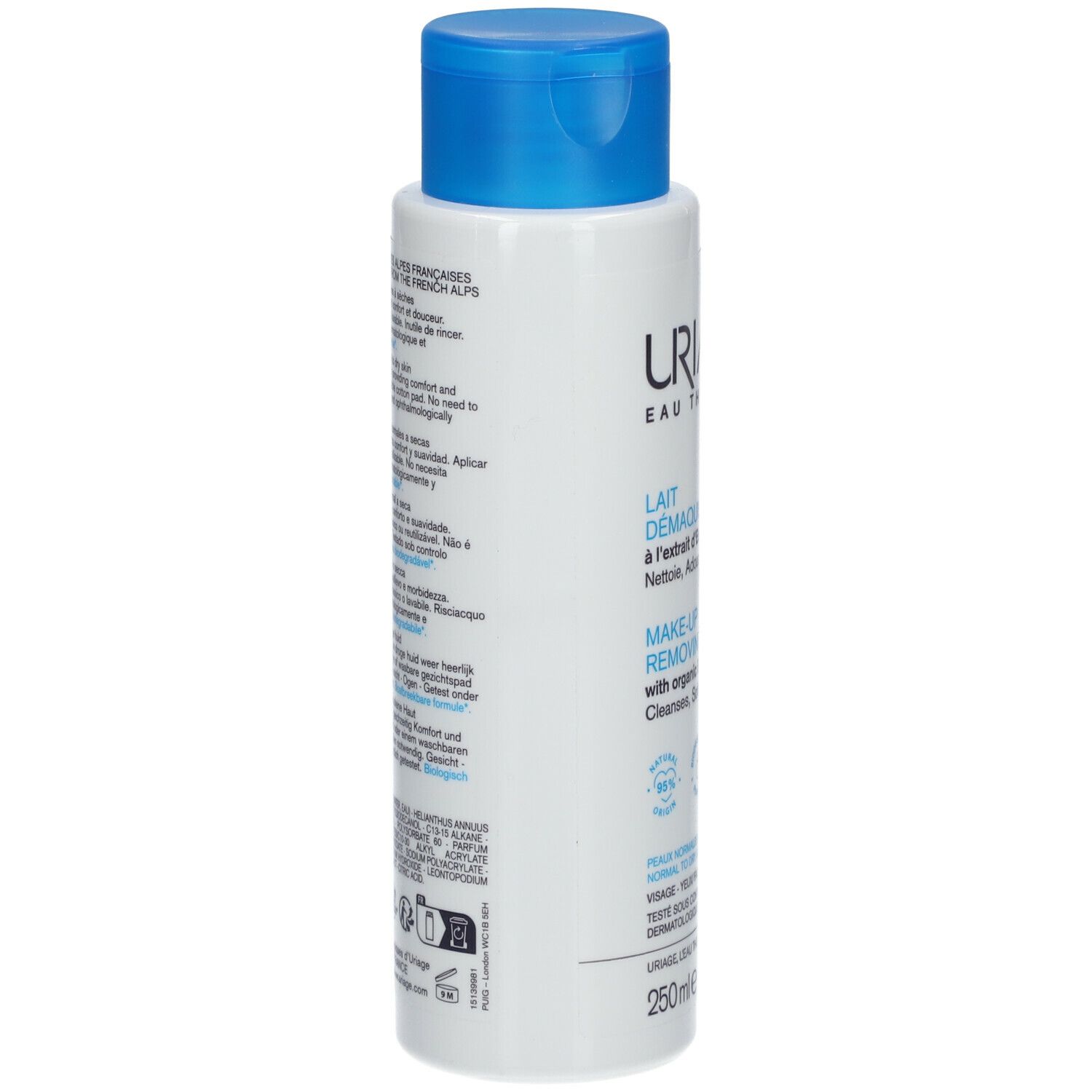 Dos du flacon blanc à bouchon bleu. Texte multilingue. Marque: URIAGE. 250ml.