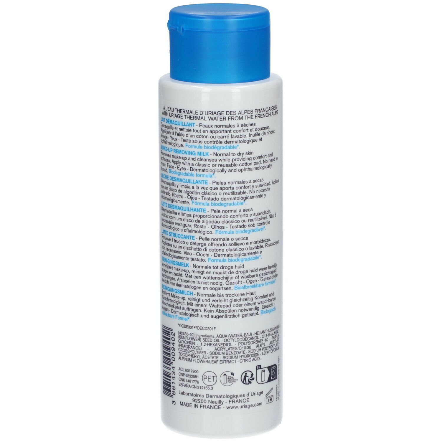 Dos du flacon blanc à bouchon bleu. Texte multilingue. Marque: URIAGE. 250ml.