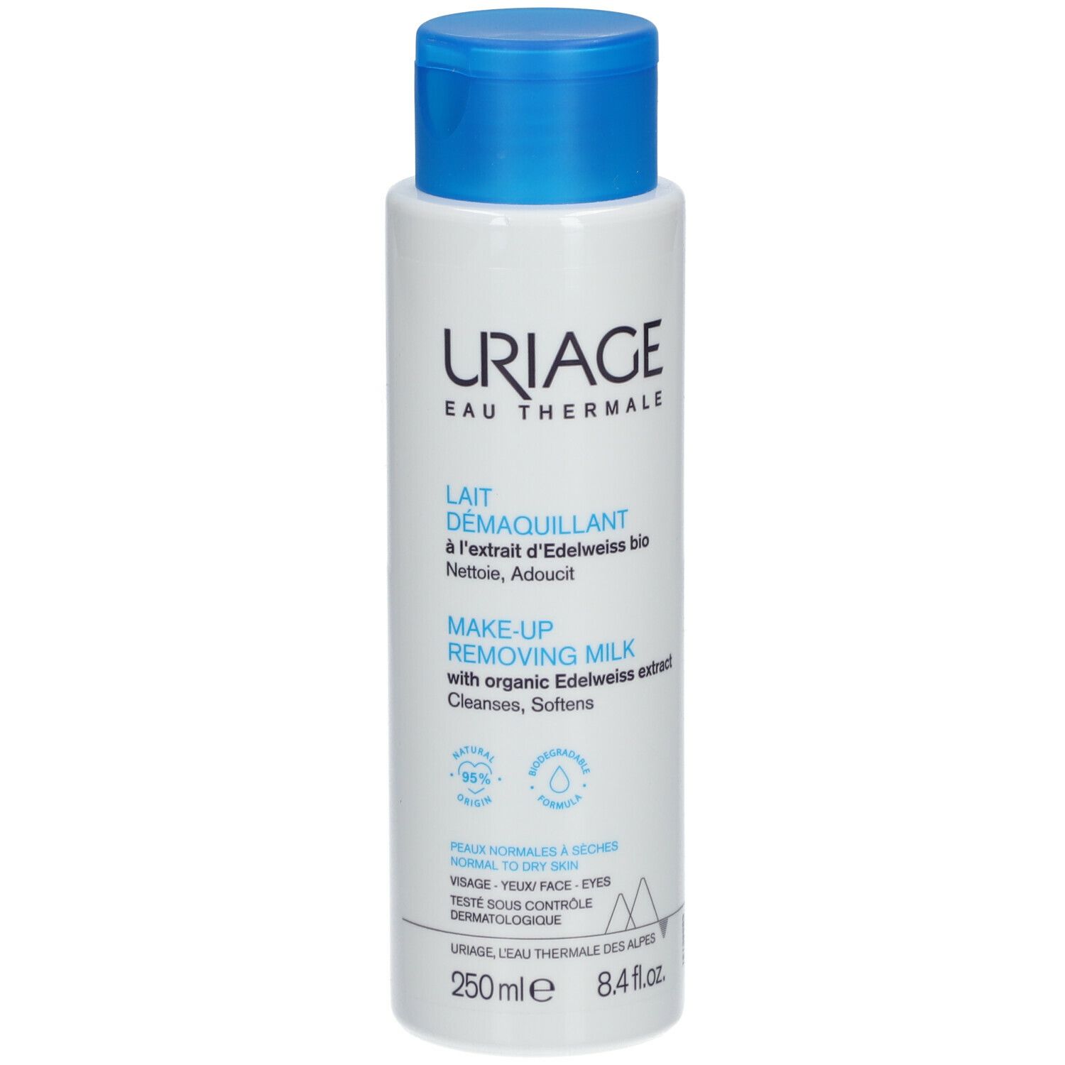 Flacon blanc à bouchon bleu. Inscriptions: URIAGE, Lait Demaquillant, Make-up Removing Milk. 250ml.