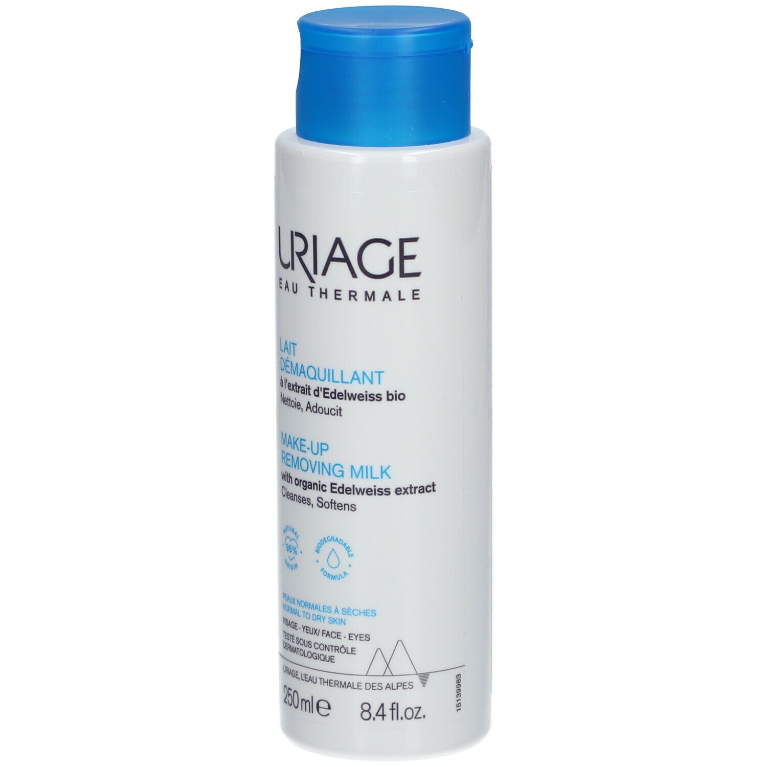 Flacon blanc à bouchon bleu. Inscriptions: URIAGE, Lait Demaquillant, Make-up Removing Milk. 250ml.