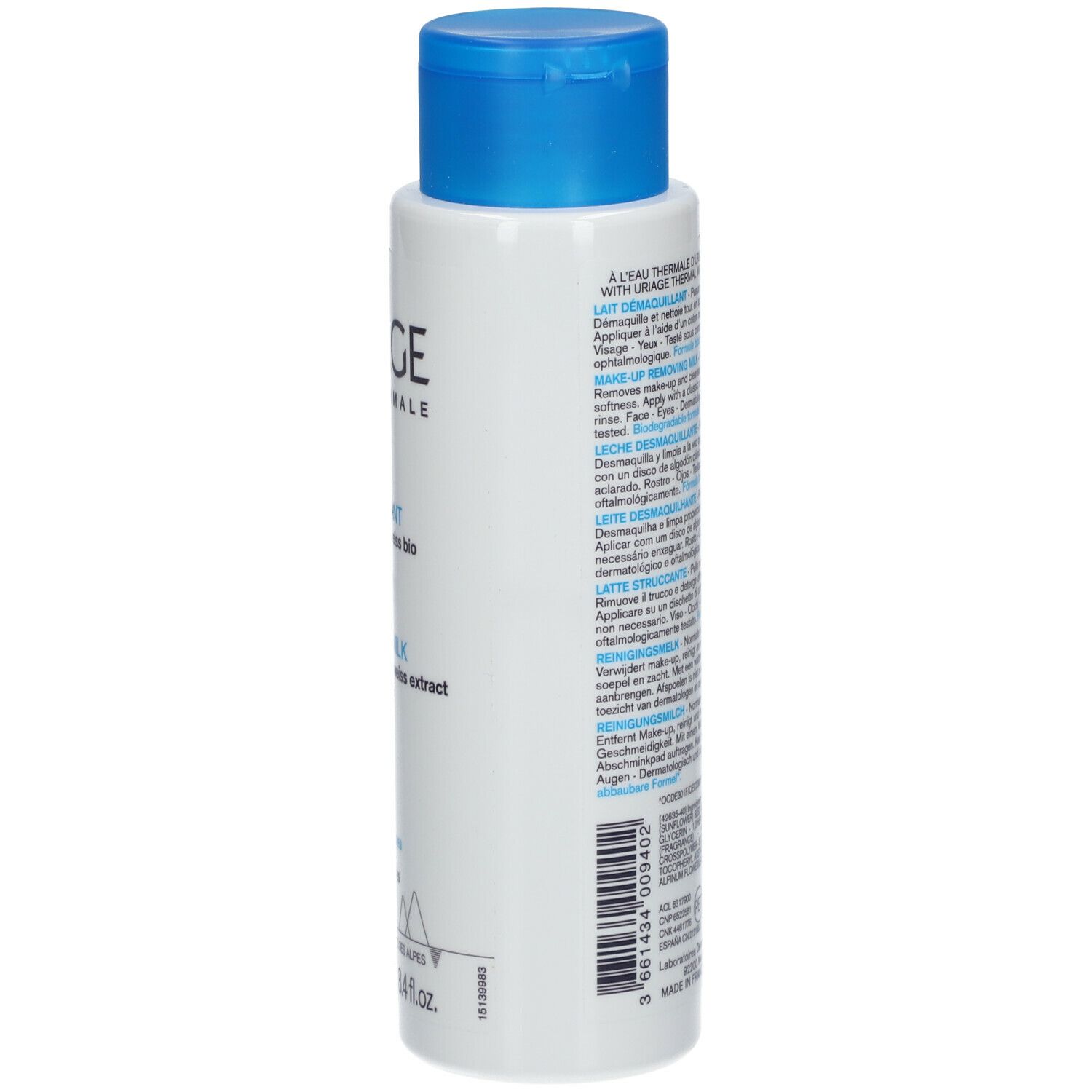 Dos du flacon blanc à bouchon bleu. Texte multilingue. Marque: URIAGE. 250ml.